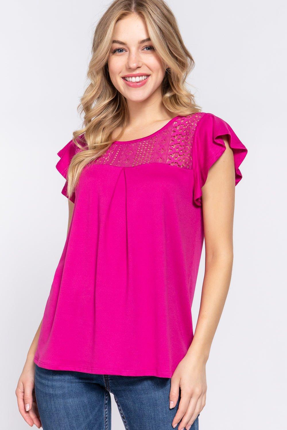 ACTIVE BASIC Ruffle Short Sleeve Lace Detail Knit Top - Admiresty