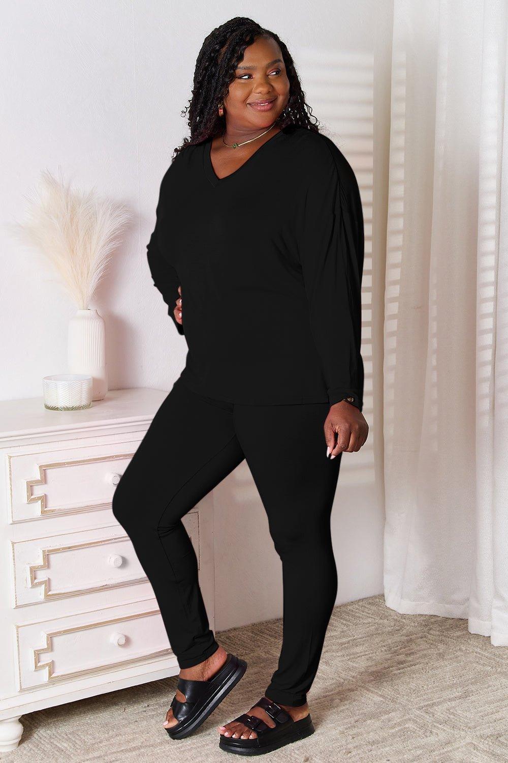 Basic Bae Bamboo Full Size V - Neck Long Sleeve Top and Pants Lounge Set - Admiresty