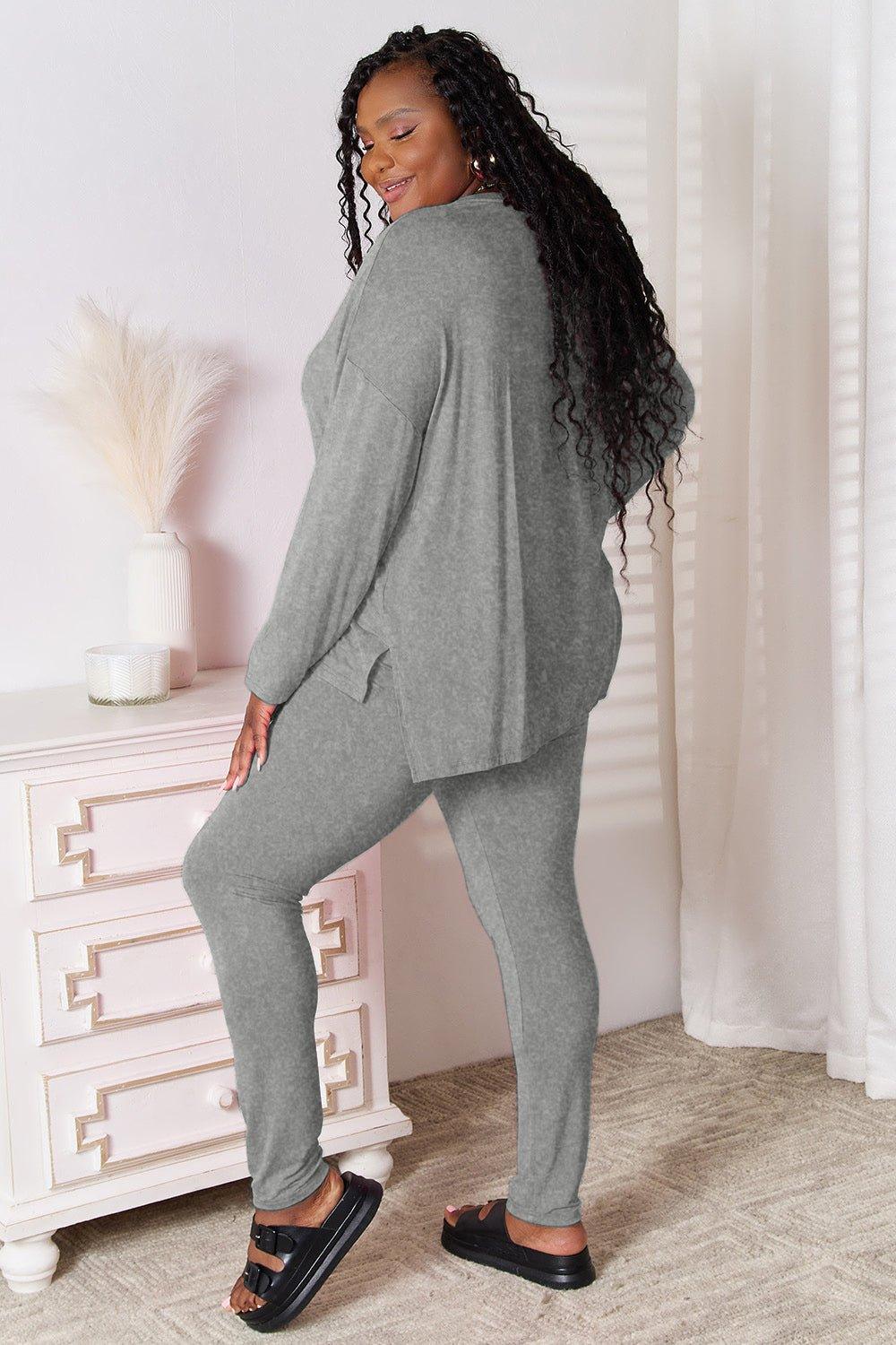 Basic Bae Bamboo Full Size V - Neck Long Sleeve Top and Pants Lounge Set - Admiresty