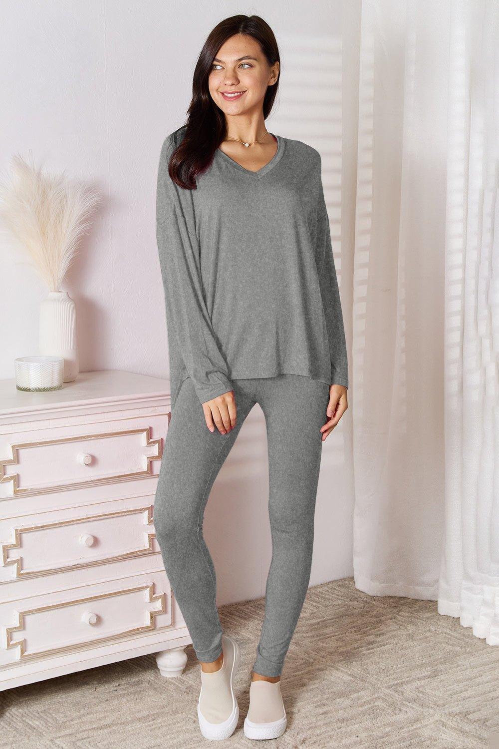 Basic Bae Bamboo Full Size V - Neck Long Sleeve Top and Pants Lounge Set - Admiresty