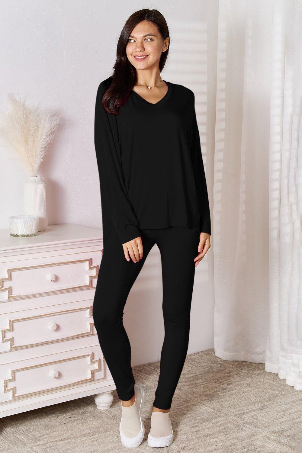 Basic Bae Bamboo Full Size V - Neck Long Sleeve Top and Pants Lounge Set - Admiresty