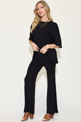 Basic Bae Full Size Bamboo Drop Shoulder T - Shirt and Flare Pants Set - Admiresty