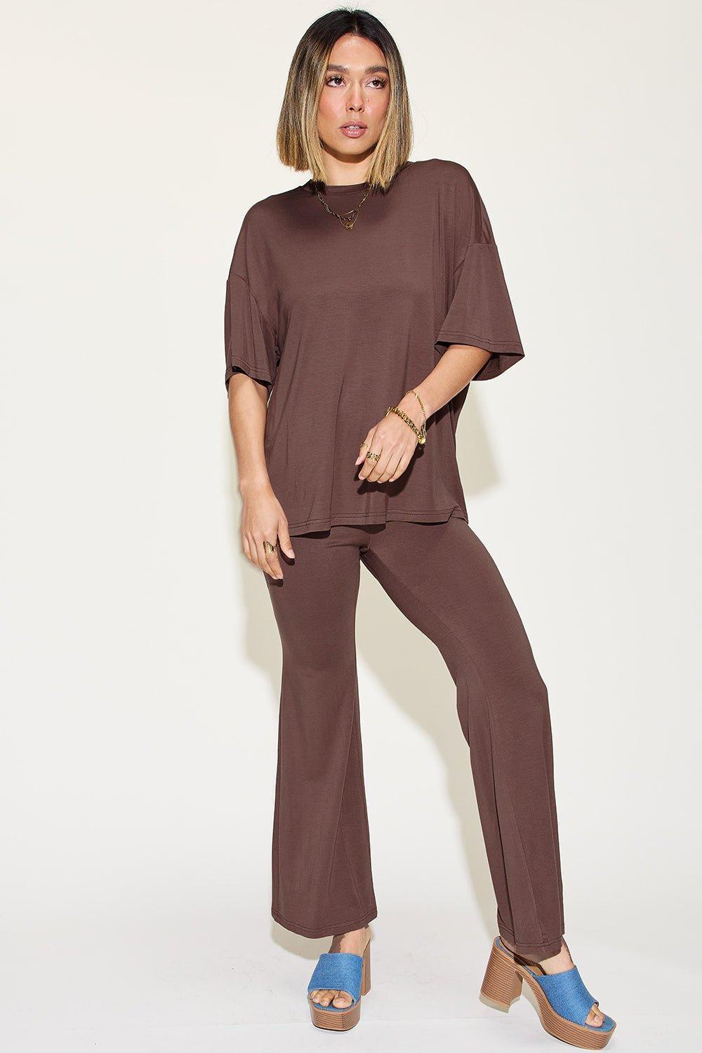 Basic Bae Full Size Bamboo Drop Shoulder T - Shirt and Flare Pants Set - Admiresty