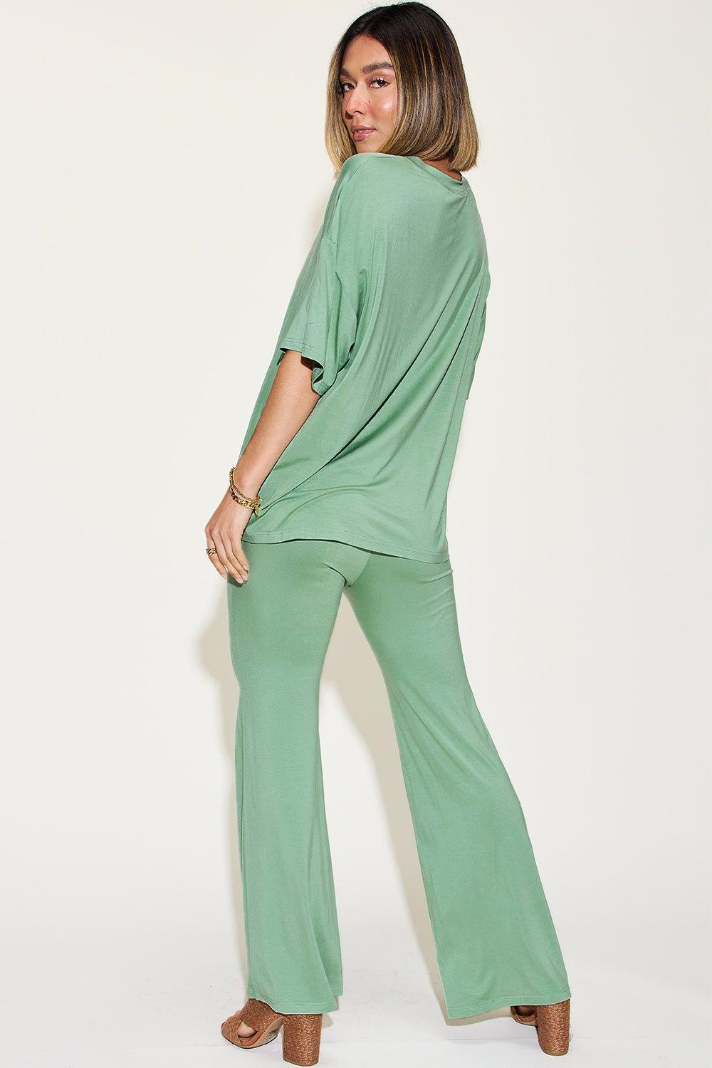 Basic Bae Full Size Bamboo Drop Shoulder T - Shirt and Flare Pants Set - Admiresty