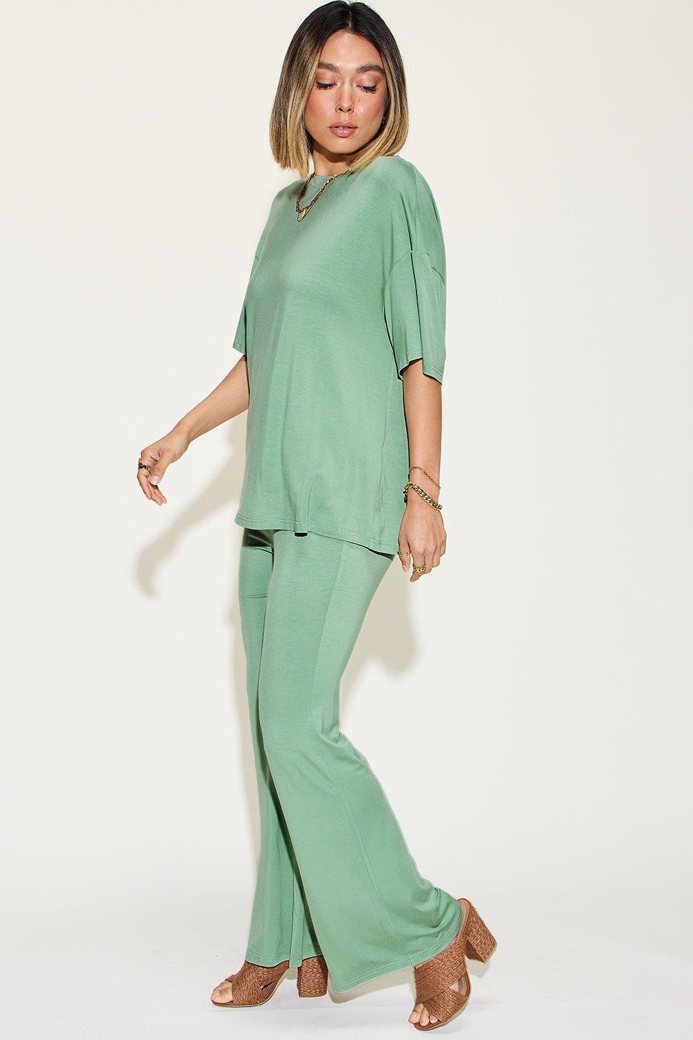 Basic Bae Full Size Bamboo Drop Shoulder T - Shirt and Flare Pants Set - Admiresty