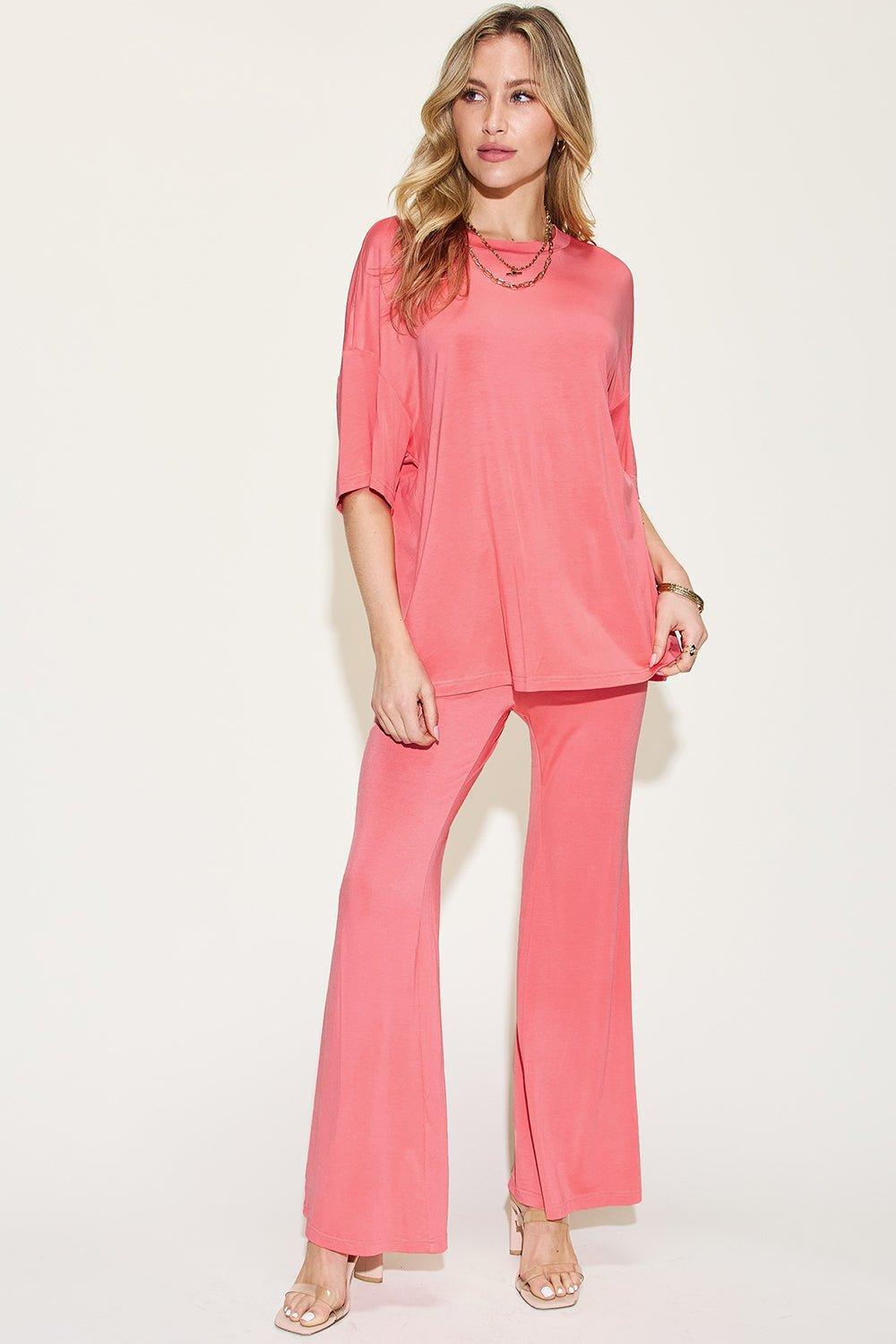 Basic Bae Full Size Bamboo Drop Shoulder T - Shirt and Flare Pants Set - Admiresty