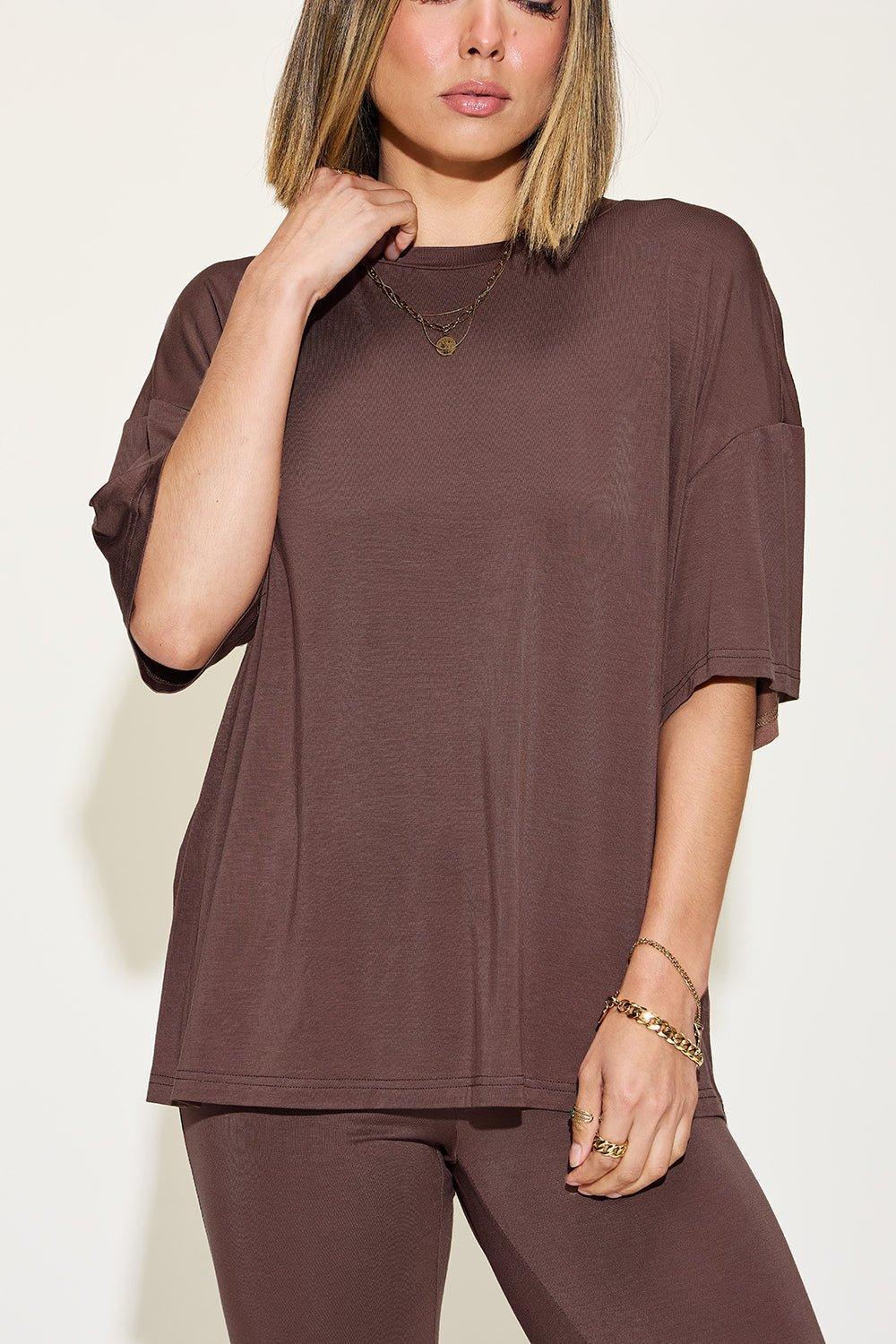 Basic Bae Full Size Bamboo Drop Shoulder T - Shirt and Flare Pants Set - Admiresty
