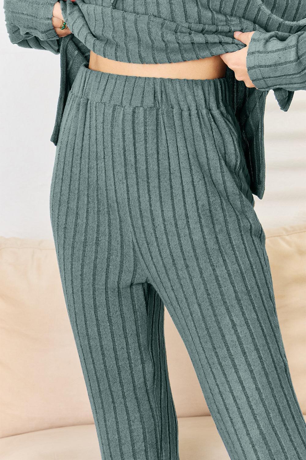 Basic Bae Full Size Ribbed Drawstring Hooded Top and Straight Pants Set - Admiresty