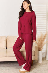 Basic Bae Full Size Ribbed Drawstring Hooded Top and Straight Pants Set - Admiresty