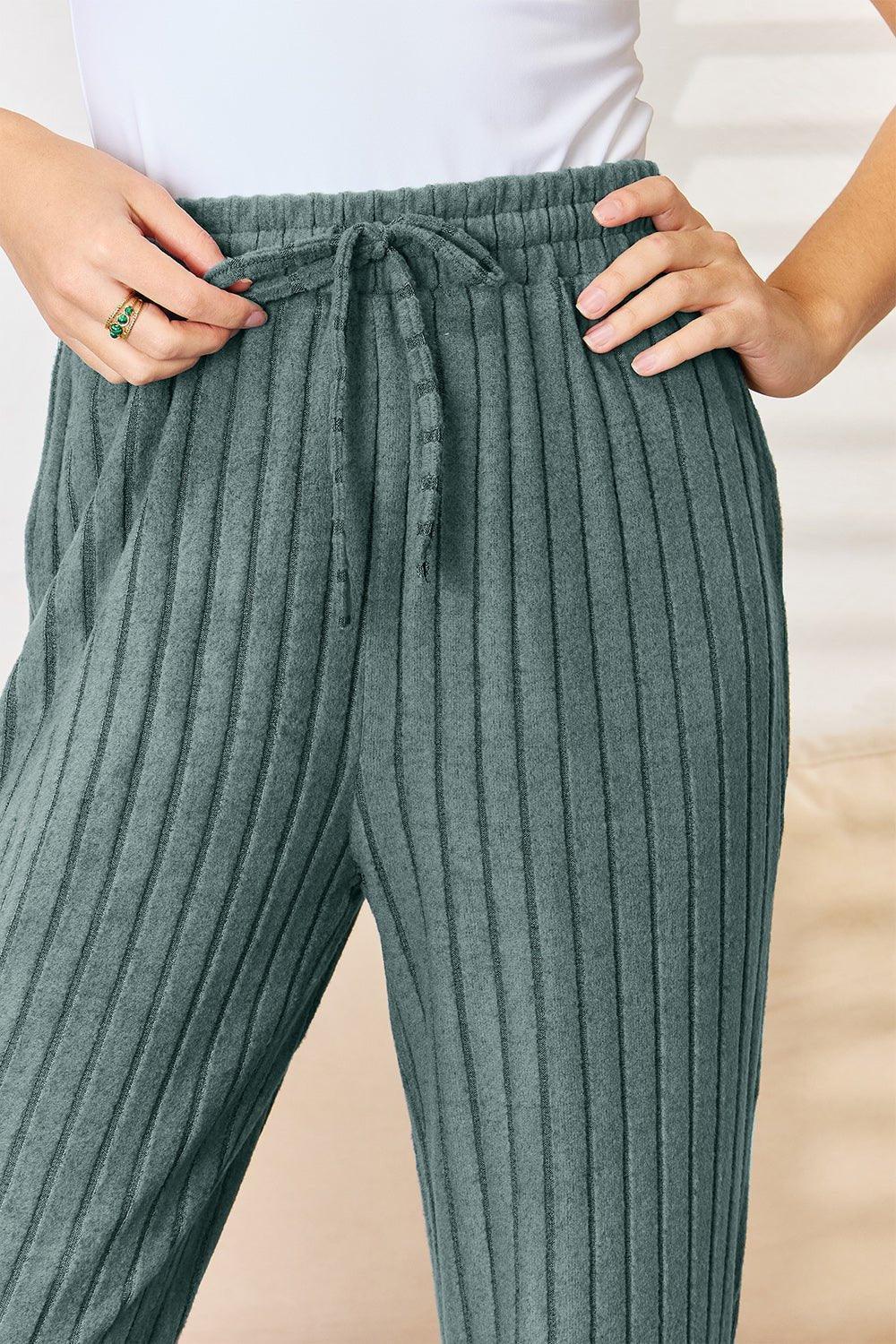 Basic Bae Full Size Ribbed Drawstring Hooded Top and Straight Pants Set - Admiresty