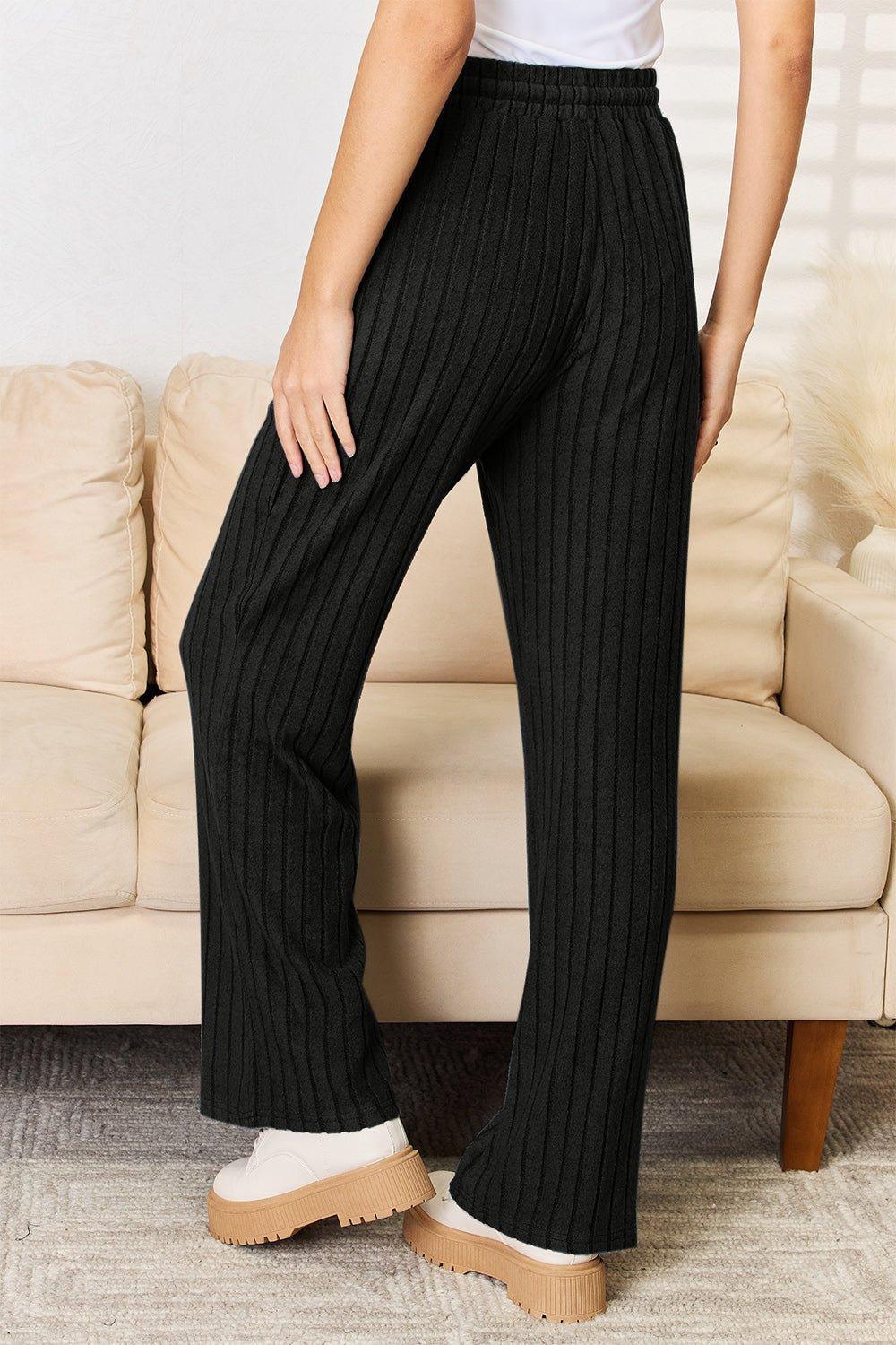 Basic Bae Full Size Ribbed Drawstring Hooded Top and Straight Pants Set - Admiresty