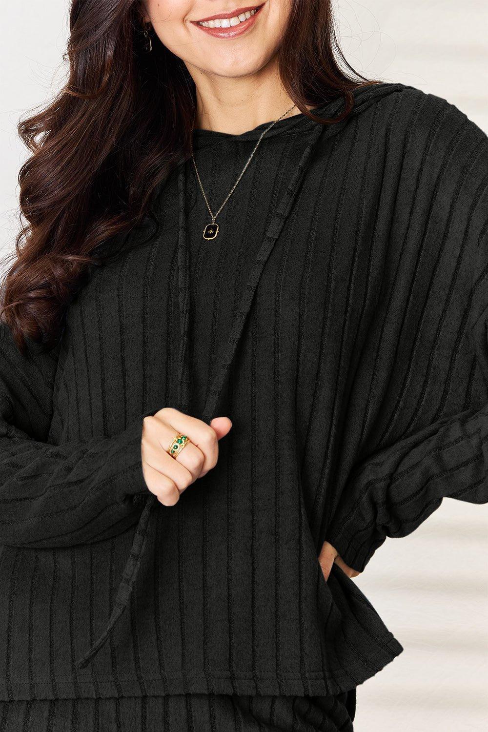 Basic Bae Full Size Ribbed Drawstring Hooded Top and Straight Pants Set - Admiresty