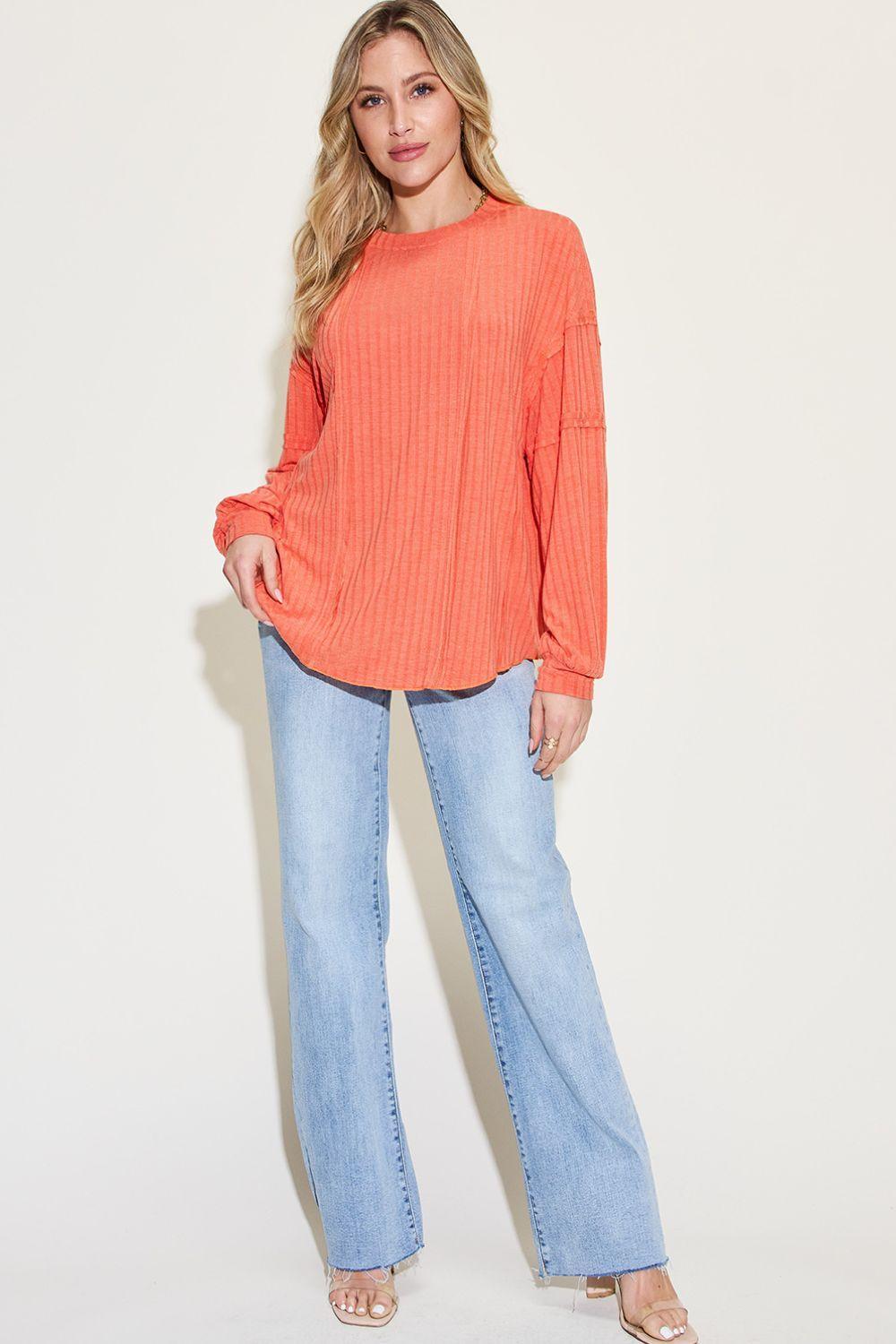 Basic Bae Full Size Ribbed Round Neck Long Sleeve T - Shirt - Admiresty