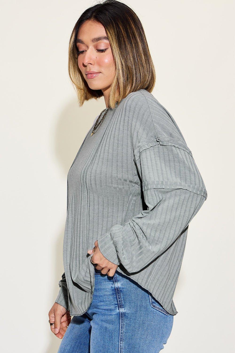 Basic Bae Full Size Ribbed Round Neck Long Sleeve T - Shirt - Admiresty