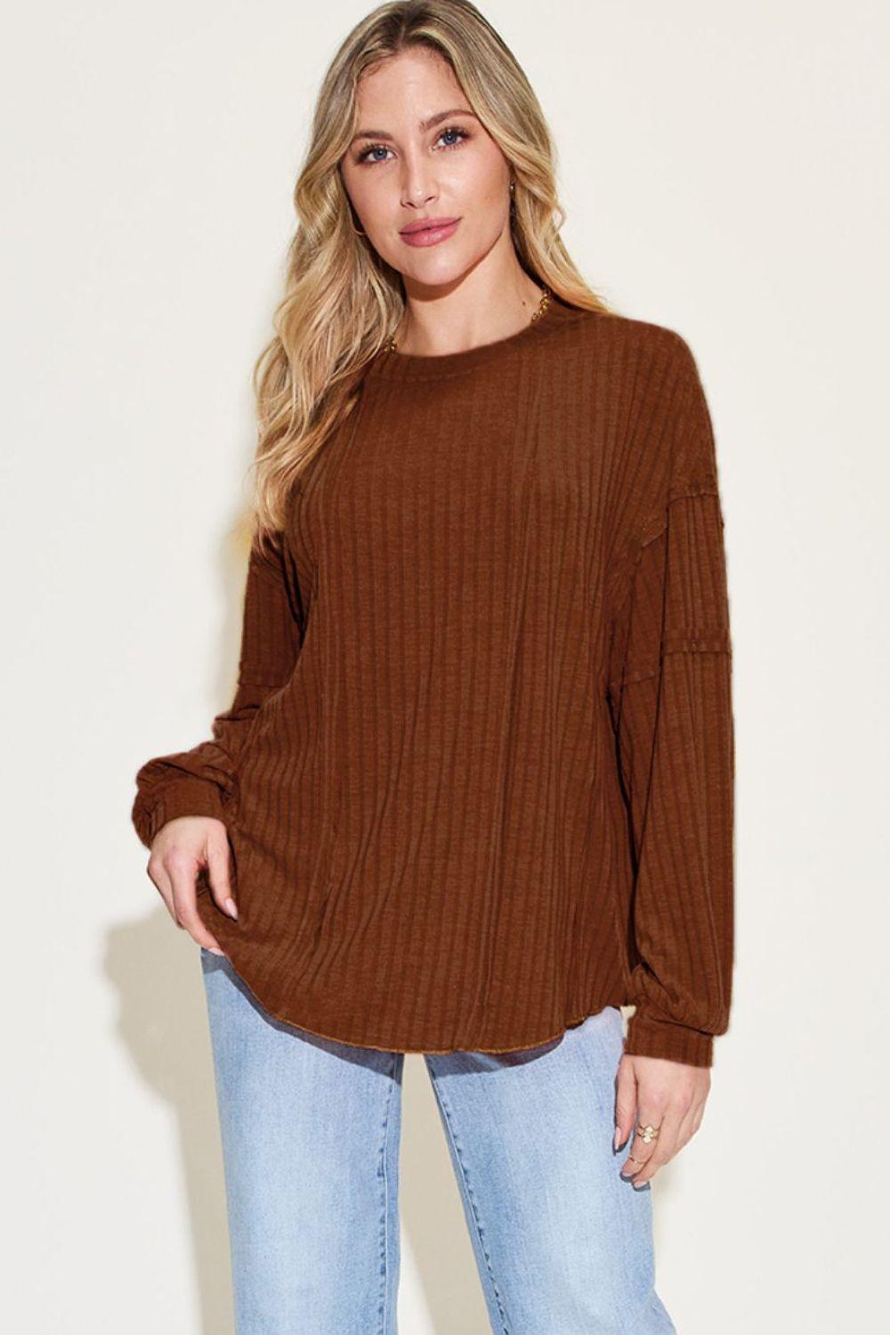 Basic Bae Full Size Ribbed Round Neck Long Sleeve T - Shirt - Admiresty