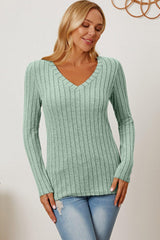 Basic Bae Full Size Ribbed V - Neck Long Sleeve T - Shirt - Admiresty
