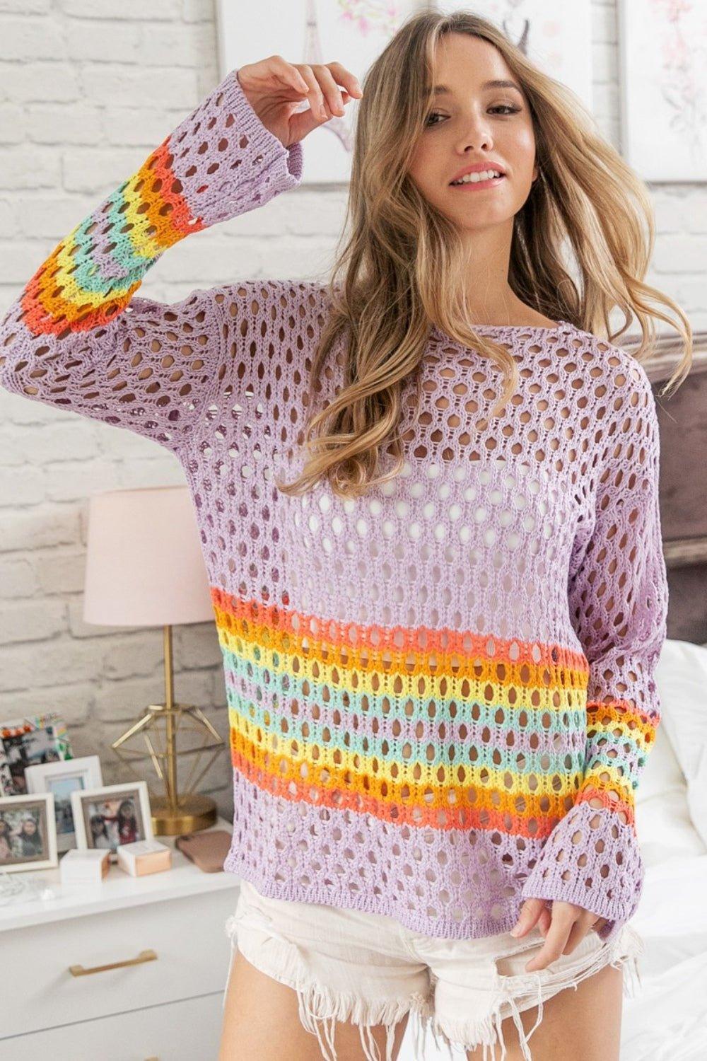 BiBi Rainbow Stripe Hollow Out Cover Up - Admiresty