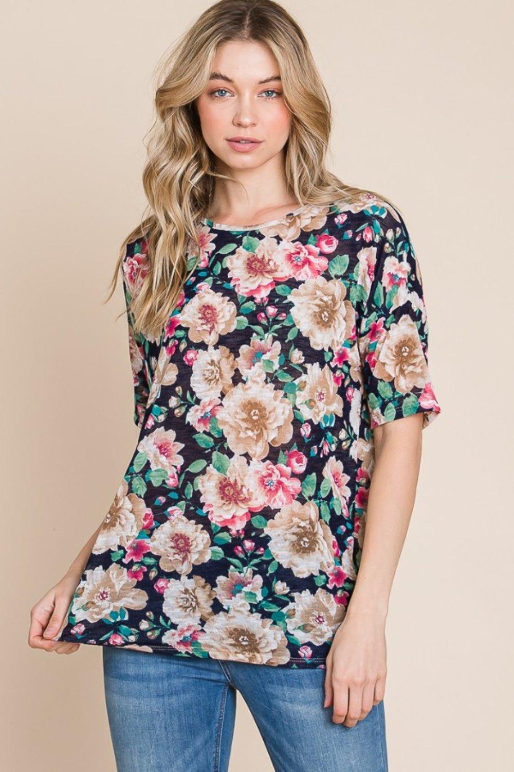 BOMBOM Floral Round Neck T - Shirt - Admiresty