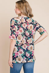 BOMBOM Floral Round Neck T - Shirt - Admiresty