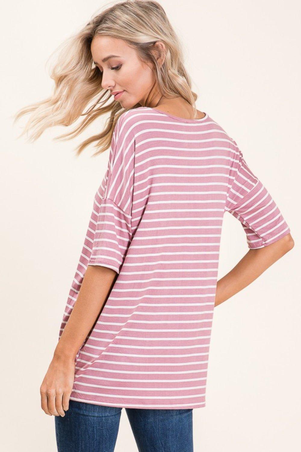 BOMBOM Striped Round Neck Half Sleeve T - Shirt - Admiresty
