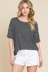 BOMBOM Striped Round Neck T - Shirt - Admiresty