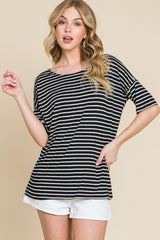BOMBOM Striped Round Neck T - Shirt - Admiresty