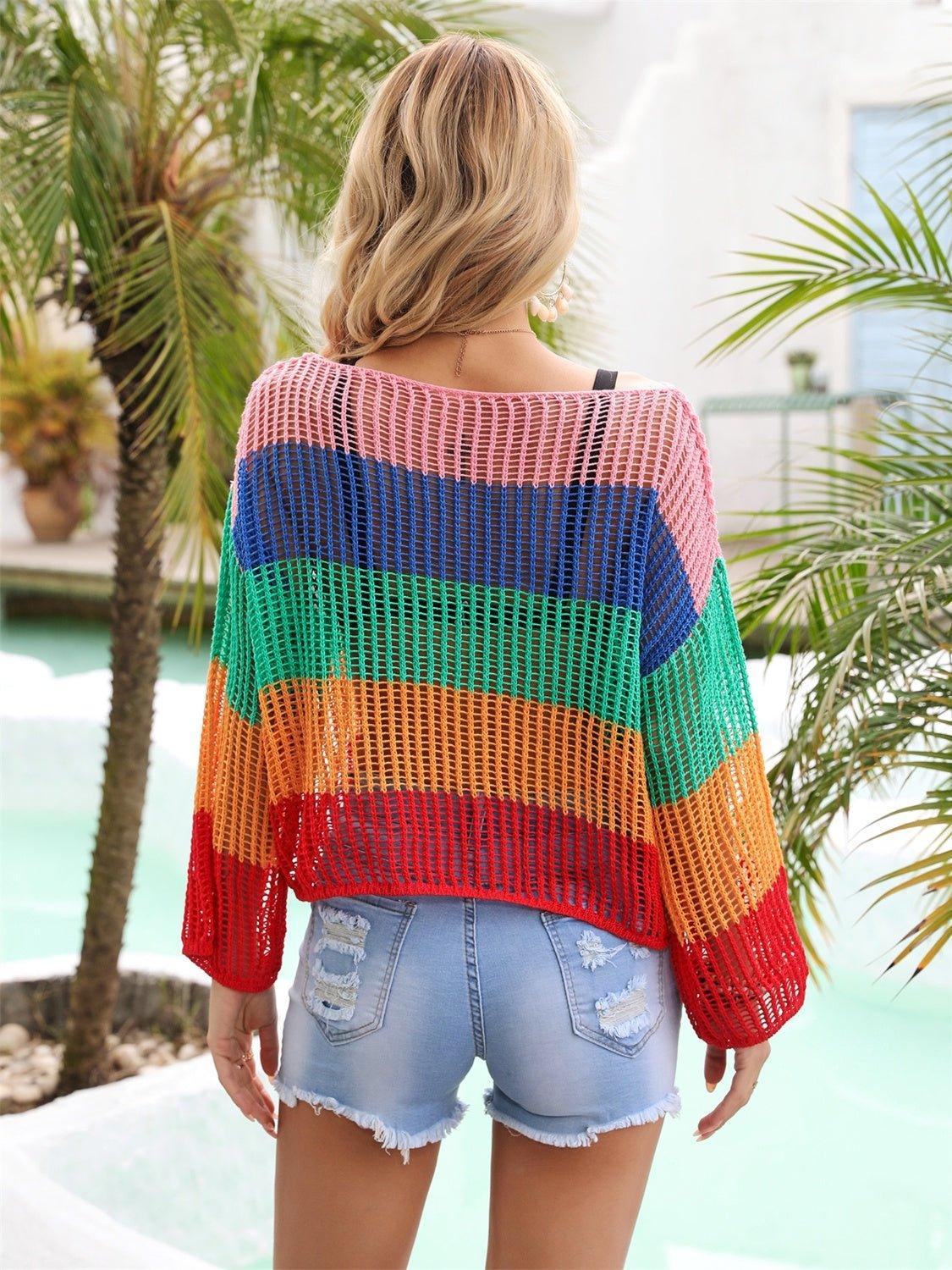 Color Block Openwork Boat Neck Cover Up - Admiresty