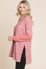 Culture Code Oversize Striped Round Neck Long Sleeve Slit T - Shirt - Admiresty